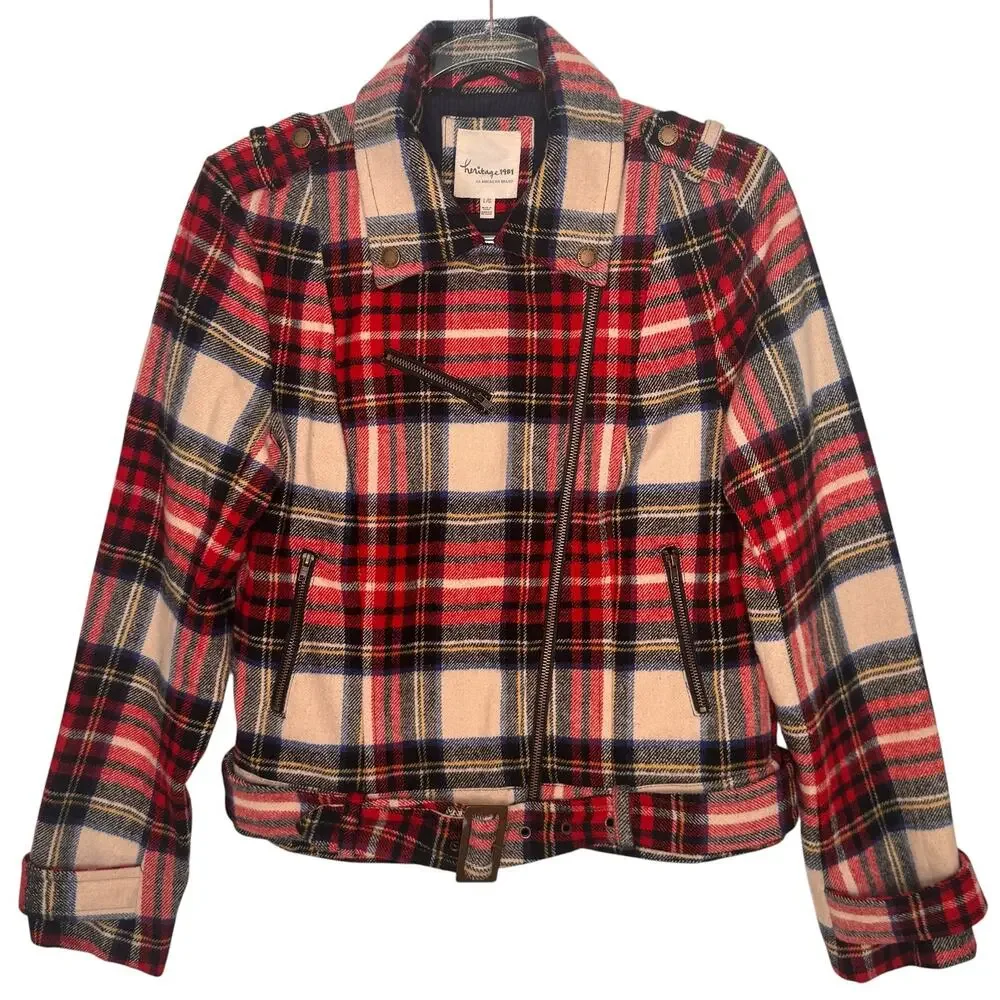 Heritage 1981 Wool Blend Plaid Moto Biker Jacket Belted Red Tartan Preppy Small